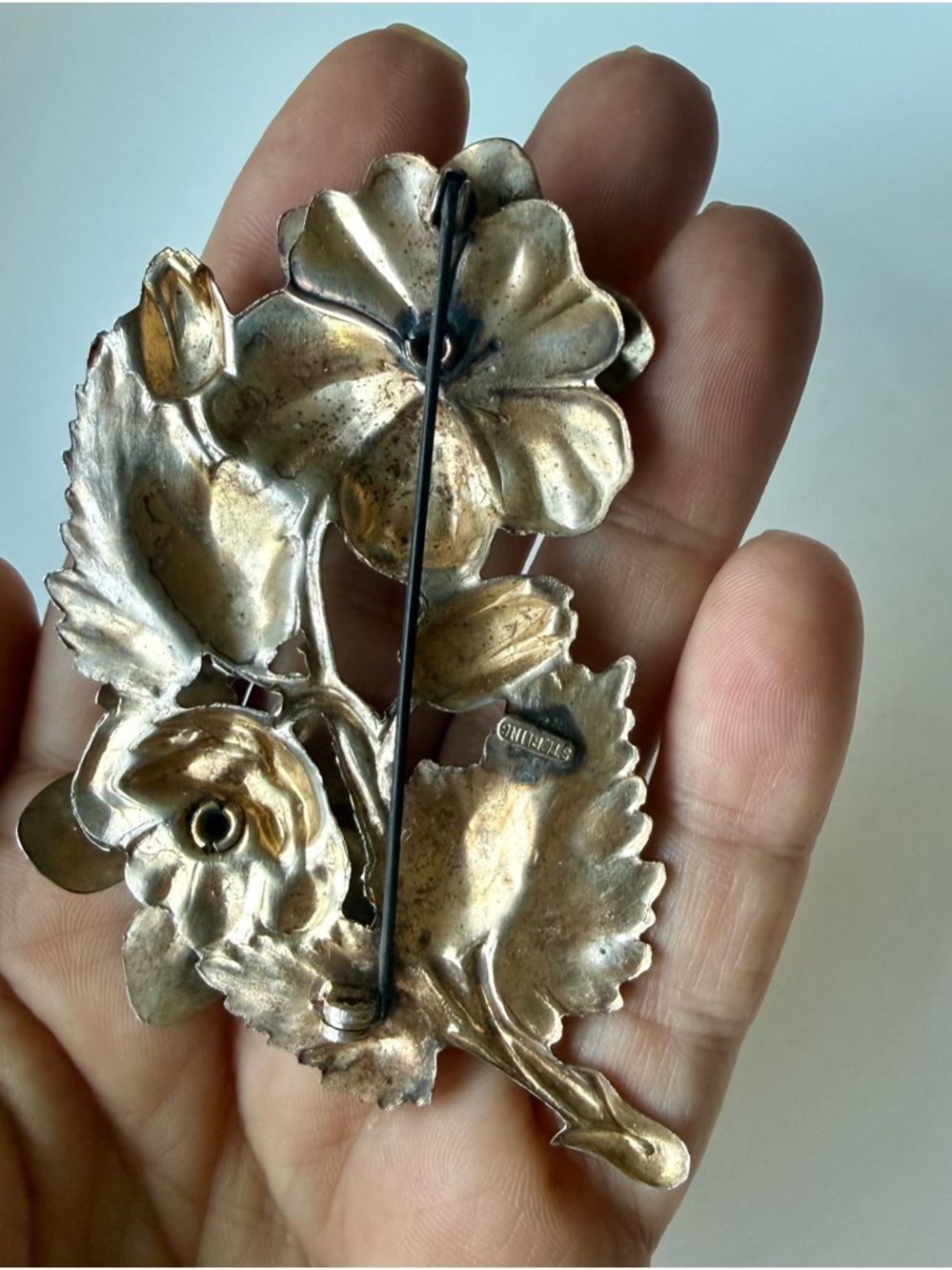 Vintage Gold Over Sterling Silver Large Red Cabochon Floral Bouquet Brooch Pin - Picture 12 of 16